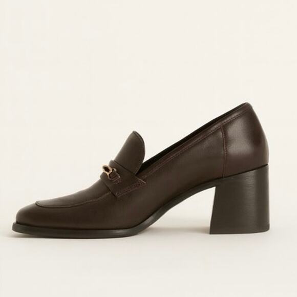 Y2K Nine West Brown Leather 90s Minimalist Leather Heeled Loafers Gold Detail 9 - Picture 5 of 10